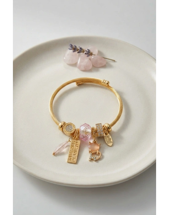 Kedili Model Pembe Charmlı Bileklik