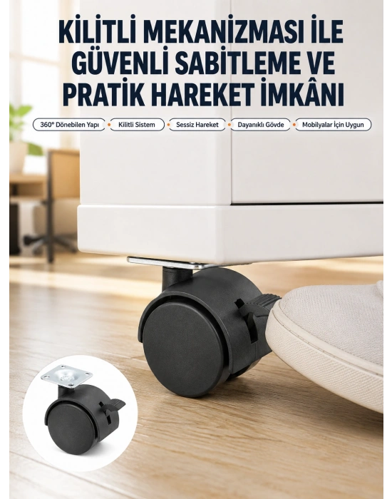 Kilitli Mini Tekerlek Ayak 4 cm 4’lü Set