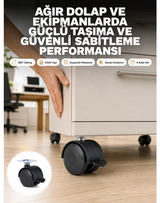 Kilitli Mobilya Tekerleği 6 cm 4’lü Kolay Kurulum