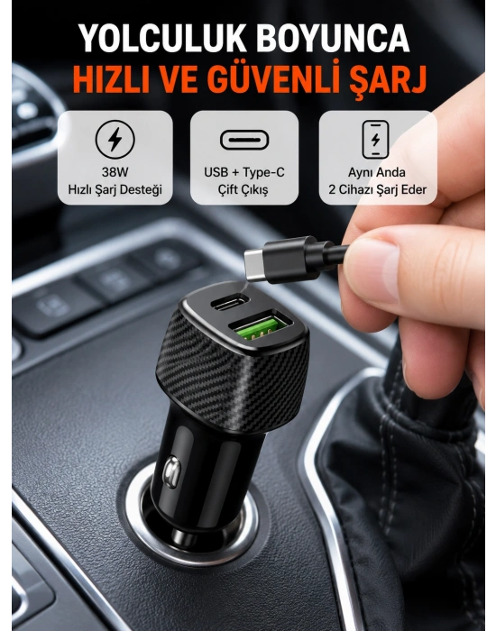 Kompakt Tasarımlı Type-C + USB Girişli Araç Şarj Başlığı