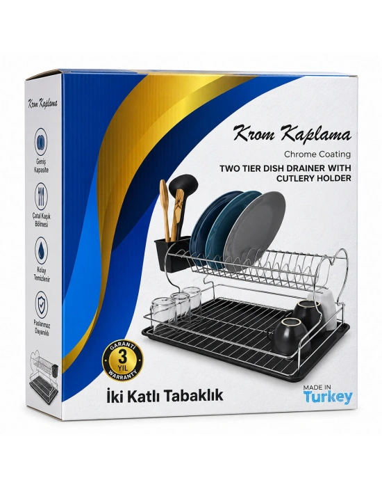 Krom - Metal 2 Katlı Tabaklık - Bulaşıklık