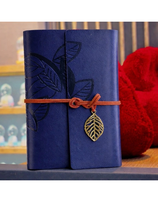 Lacivert Yaprak Desenli Deri Defter