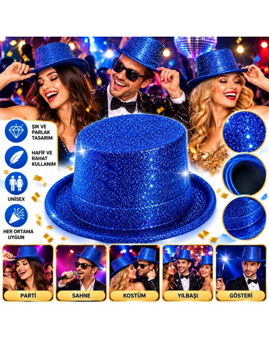 Mavi Simli Glitter Silindir Parti Şapkası
