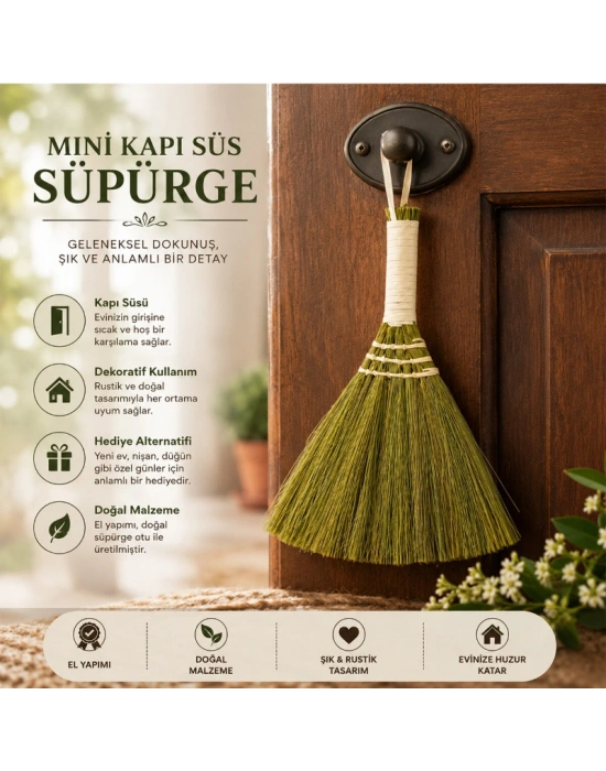 Mini Süpürge Tasarımlı Kapı Süsü - Hasır Saplı - El Yapımı Rustik Dekor