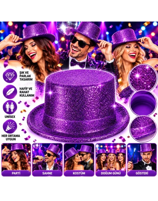 Mor Simli Glitter Silindir Parti Şapkası