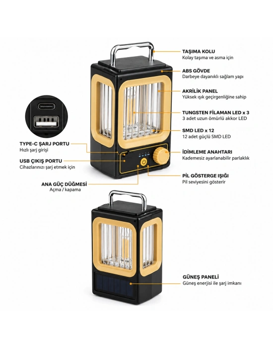 Nostalji Solar Lamba - USB Şarjlı 1500mAh