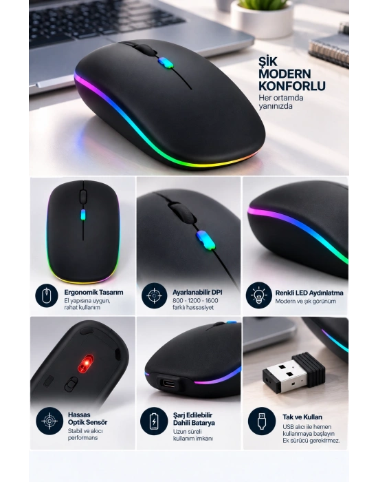 Ofis Ev Okul Kullanımına Uygun Şarjlı Kablosuz Mouse