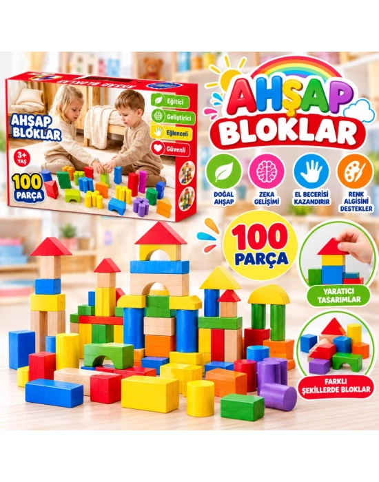 ONY-417 Kutuda Ahşap 100 Parça Renkli Bloklar