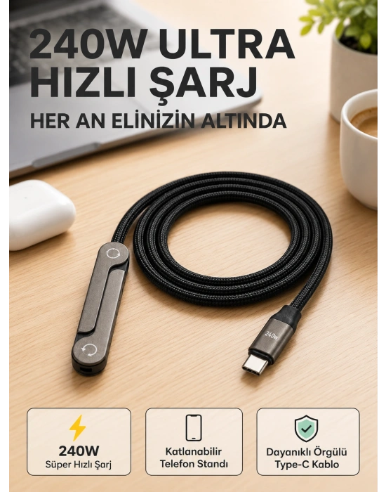 Örgülü 240W Type-C Katlanabilir Telefon Standlı Şarj Kablosu