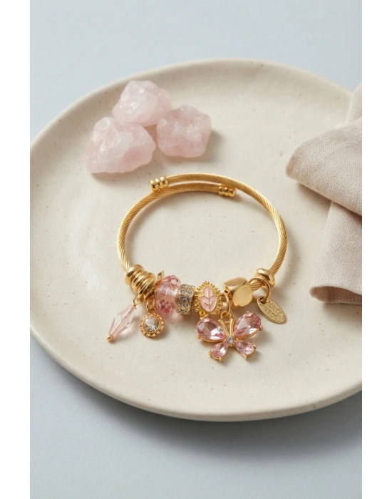 Pembe Kelebek Model Charmlı Bileklik