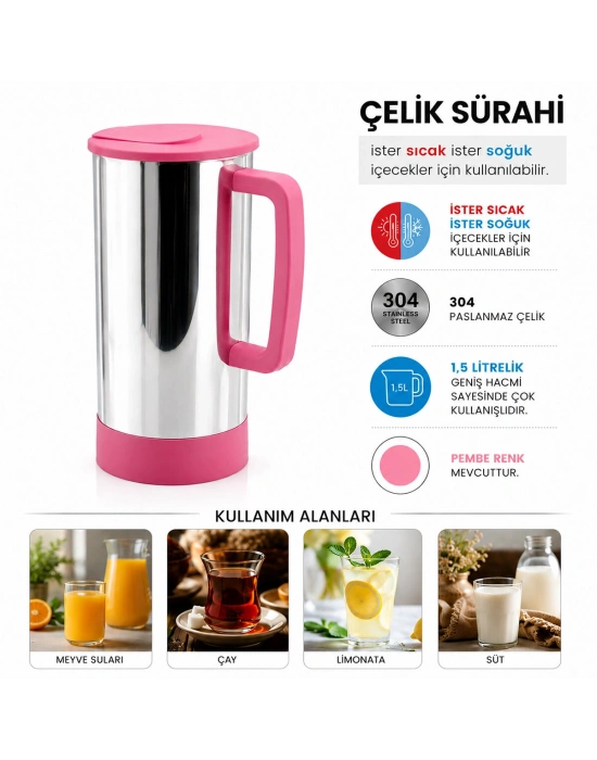 Pembe - Paslanmaz Çelik Sıcak - Soğuk Çelik Sürahi