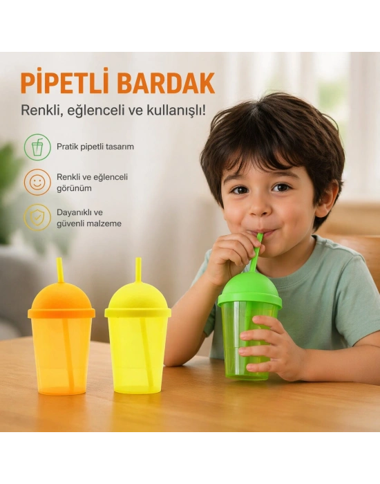 Pipetli Bardak - 450 ml - Şeffaf Renkli - Plastik