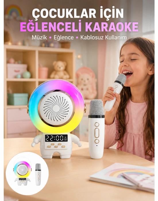 Renkli Işıklı Astronot Mini Bluetooth Speaker ve Karaoke Mikrofon
