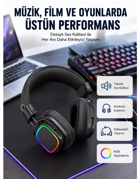 RGB Işıklı Katlanabilir Bluetooth 5.3 Kulak Üstü Kulaklık