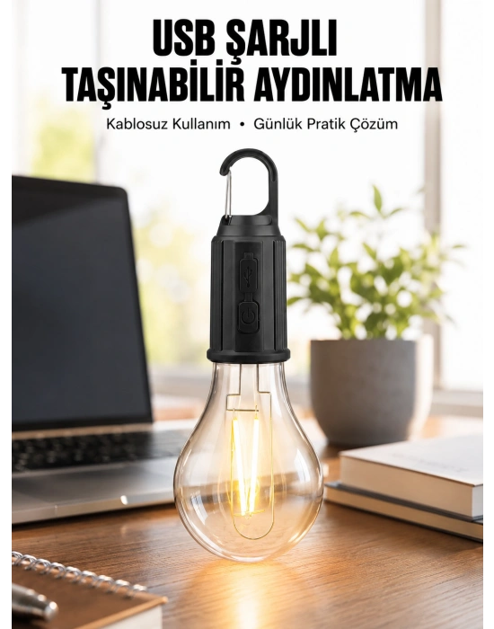 Şarjlı Dekoratif Kamp Lambası Askılı Ampul Led Işık Type-C Girişli