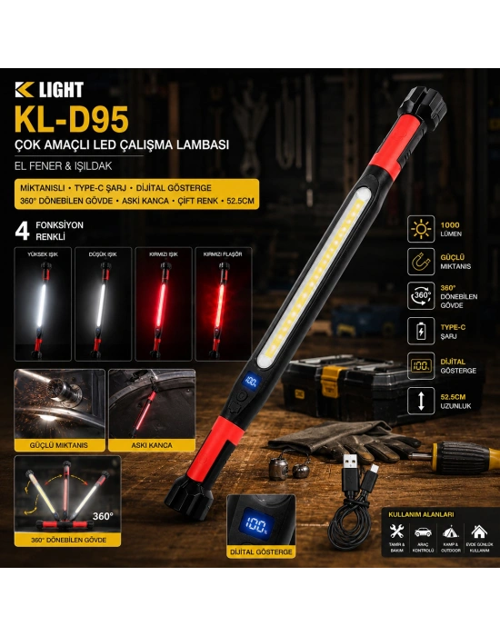 Şarjlı Mıknatıslı LED Çalışma Lambası (Type-C, 360° Döner, 52.5 cm)