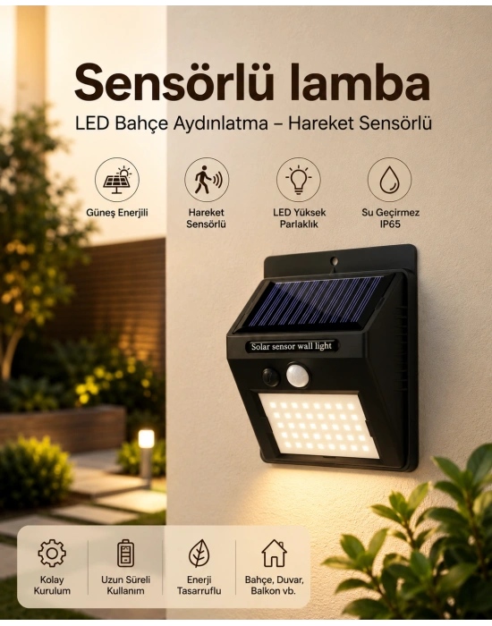 Sensörlü, Güneş Enerjili LED Duvar Lambası Bahçe ve Balkon Aydınlatma