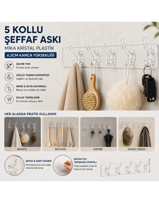 Silikon 5 Kollu Şeffaf Yapışkan Askı