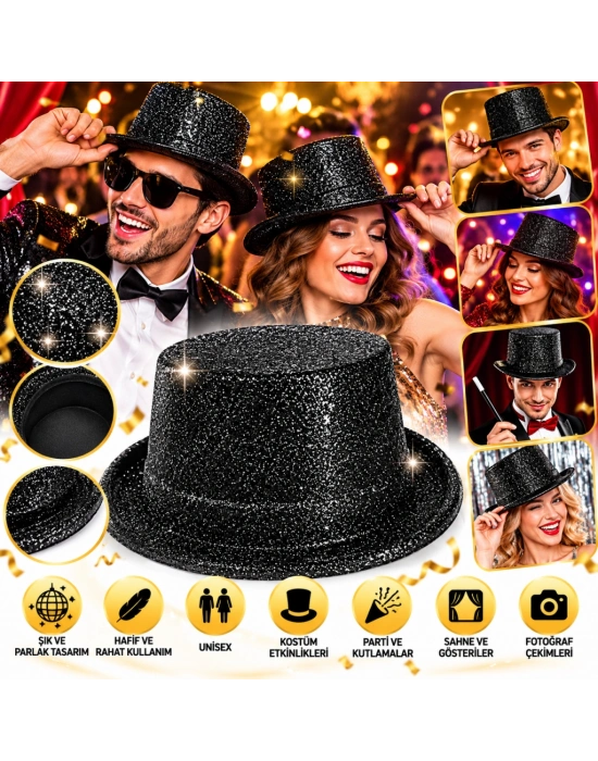 Siyah Simli Glitter Silindir Parti Şapkası
