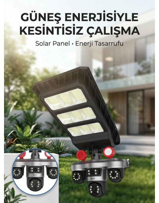 Solar Panelli Akıllı Güvenlik Kamerası LED Projektörlü