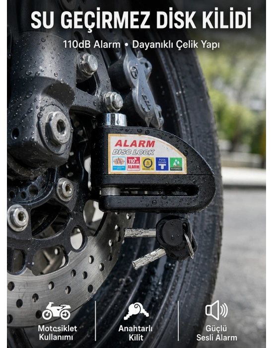 Suya Dayanıklı 110dB Alarmlı Çelik Disk Kilidi Yeni Nesil