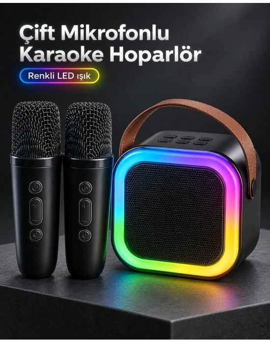 Taşıma Askılı Siyah LED Işıklı Bluetooth Hoparlör Çift Mikrofonlu Karaoke Seti