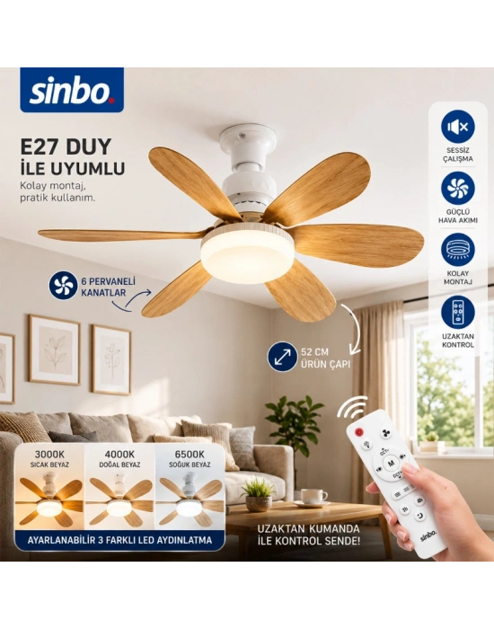 Tavan Vantilatörü ve LED Avize - Uzaktan Kumandalı - 6 Kanatlı - 52 cm
