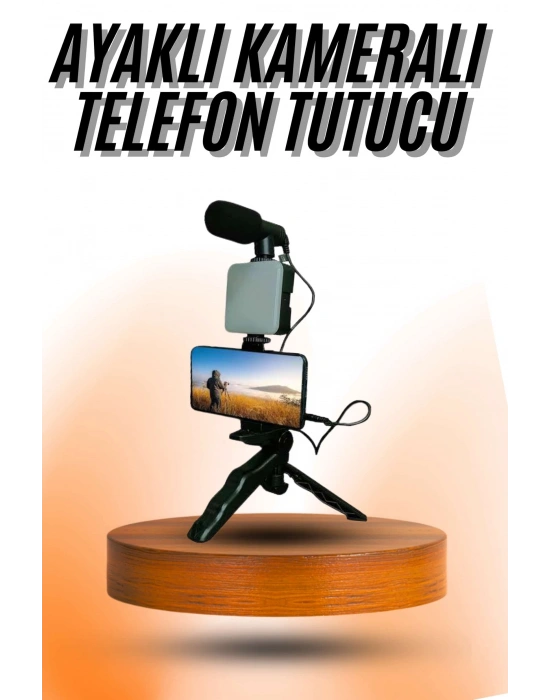 Telefon Tutucu Mini Mikrofonlu Tripod Vlog Çekim Video