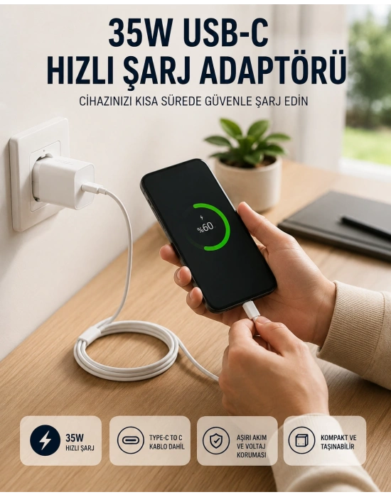 Type-C to C Kablolu 35W Hızlı Şarj Başlığı Set