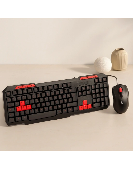 USB Kablolu Klavye Mouse Set - Kırmızı Tuşlu Q Klavye 1600 DPI