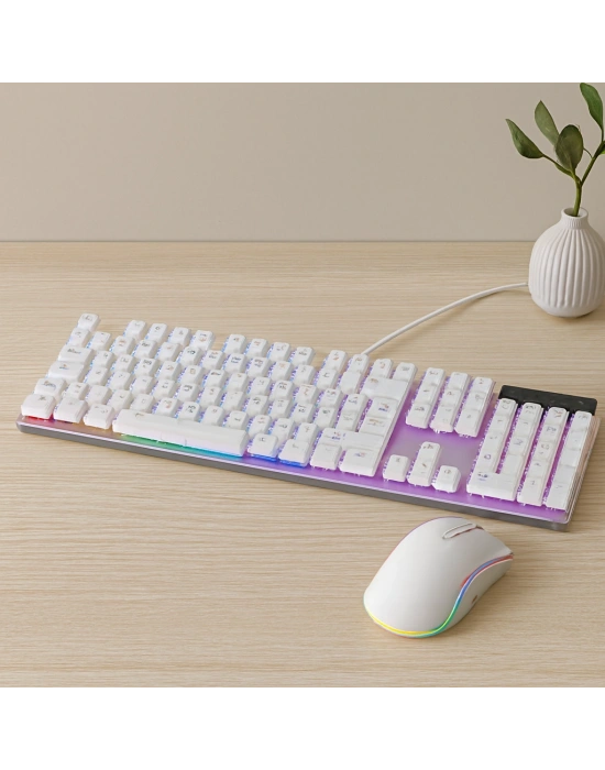 USB Kablolu Oyuncu Klavye ve Mouse Seti - Beyaz RGB