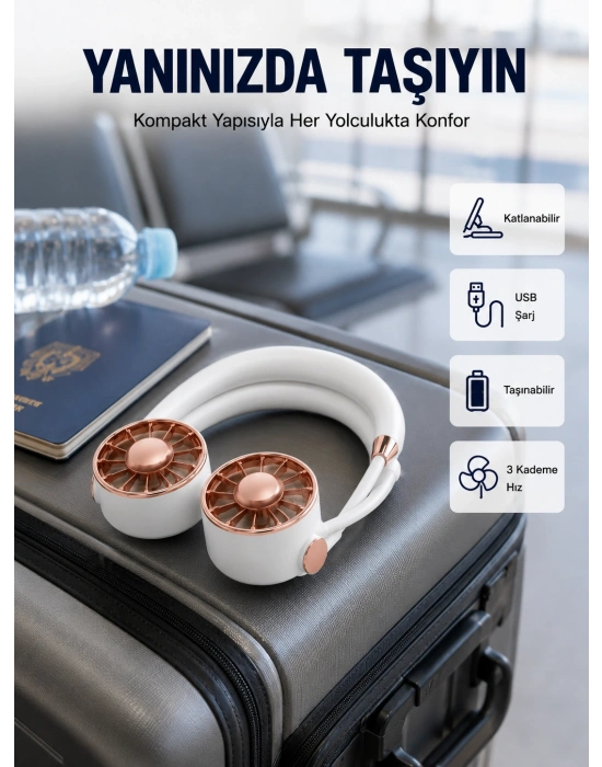 USB Şarjlı Katlanabilir Mini Boyun Fanı 1–3 Saat Kullanım