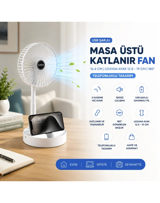 USB Şarjlı Katlanır Masaüstü Vantilatör (16.4 Cm)