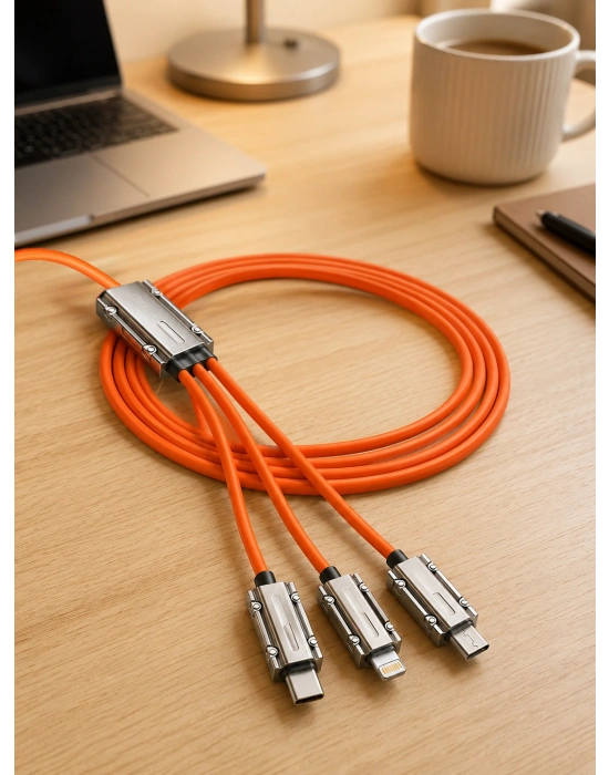 USB Type-C, Lightning ve Micro USB Uyumlu 3ü 1 Arada Hızlı Şarj Kablosu