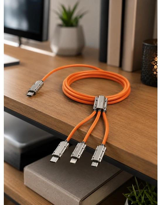 USB Type-C, Lightning ve Micro USB Uyumlu 3ü 1 Arada Hızlı Şarj Kablosu