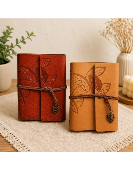 Yaprak Desenli Retro Deri Defter - Vintage Ajanda