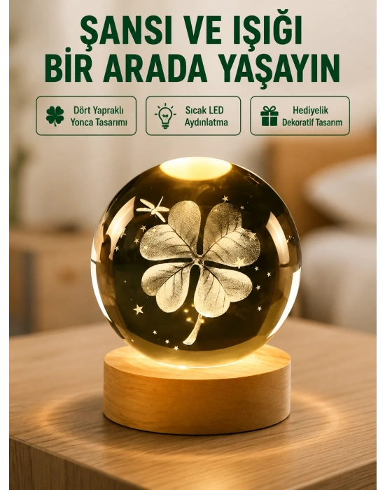 Yonca Figürlü Cam Küre USB Işıklı Ahşap Tabanlı Dekoratif Masa Lambası