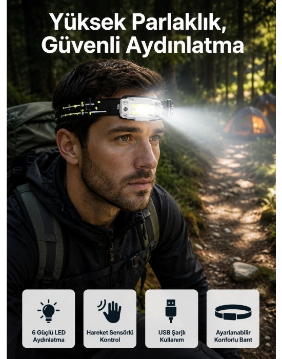 Yüksek Işıklı Şarjlı ve Sensörlü LED Kafa Lambası Kamp Lambası