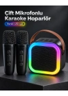 Taşıma Askılı Siyah LED Işıklı Bluetooth Hoparlör Çift Mikrofonlu Karaoke Seti