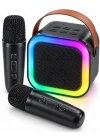 Taşıma Askılı Siyah LED Işıklı Bluetooth Hoparlör Çift Mikrofonlu Karaoke Seti