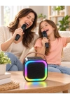 Taşıma Askılı Siyah LED Işıklı Bluetooth Hoparlör Çift Mikrofonlu Karaoke Seti