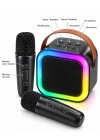 Taşıma Askılı Siyah LED Işıklı Bluetooth Hoparlör Çift Mikrofonlu Karaoke Seti