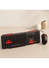 USB Kablolu Klavye Mouse Set - Kırmızı Tuşlu Q Klavye 1600 DPI