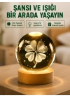 Yonca Figürlü Cam Küre USB Işıklı Ahşap Tabanlı Dekoratif Masa Lambası