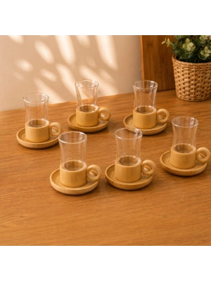 12 Parça Çay Seti - Bambu Bardak Altığı - Çift Cidarlı Cam - 150 ml