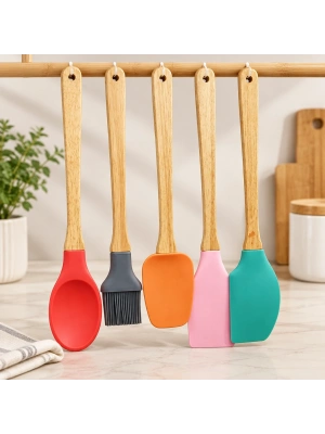 5 Parça Bambu Saplı Silikon Kaşık Seti
