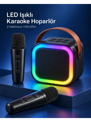 Çift Kablosuz Mikrofonlu LED Işıklı Bluetooth Karaoke Hoparlör Seti