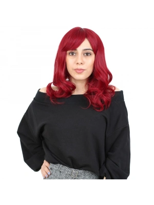 Dalgalı Perçemli Orta Boy Fiber Sentetik Peruk - Kızıl
