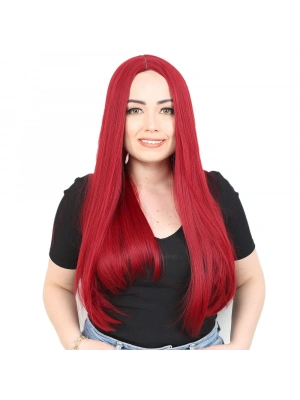 Fiber Sentetik Uzun Düz Peruk - Kızıl