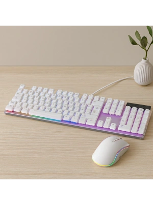 USB Kablolu Oyuncu Klavye ve Mouse Seti - Beyaz RGB